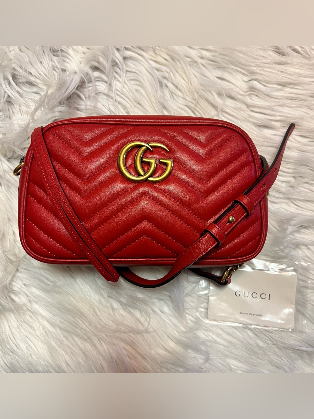 Gucci Red GG Marmont Chevron Leather Camera Bag